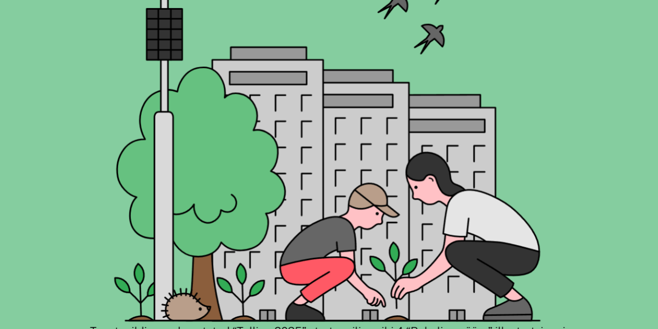 rohepööre roheline taust, inimesed linnas istutamas taimi, päike, linnud